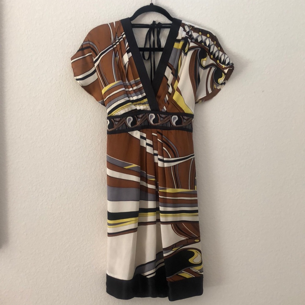 Hale Bob Brown and Cream Silk Paisley V-Neck Short Sleeve Dress Size XS